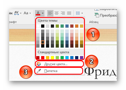 Элементы подробной настройки цвета текста в PowerPoint